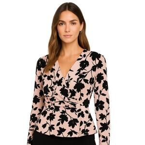 White House Black Market Pink & Black Floral Mock Wrap Blouse EUC Size 2